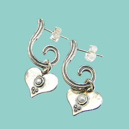 Handcrafted Sterling Silver 925 Dangling Heart Earrings with pearls Bluenoemi jewelry - Bluenoemi