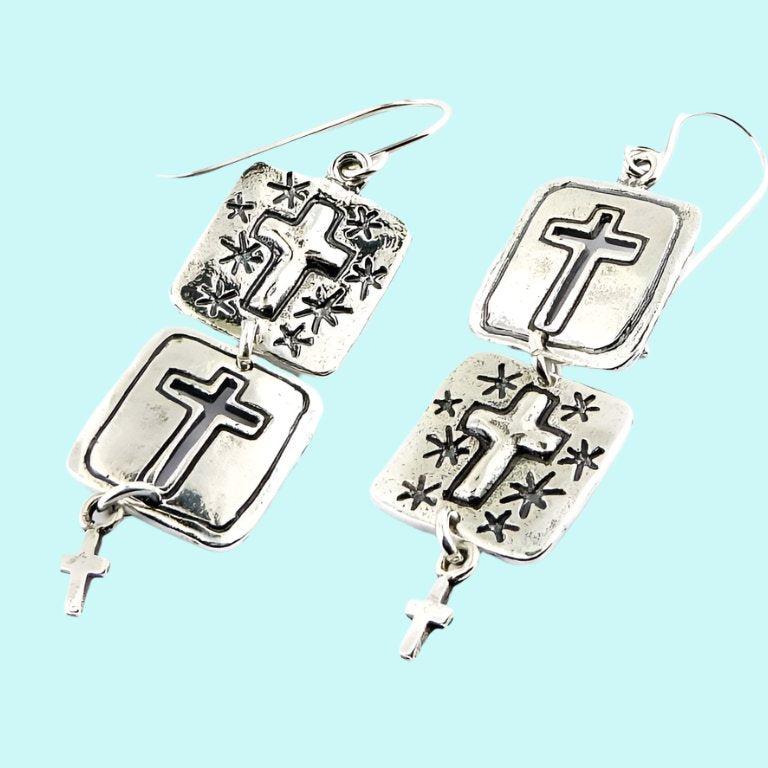 Israeli jewelry silver earrings with crosses. - Bluenoemi