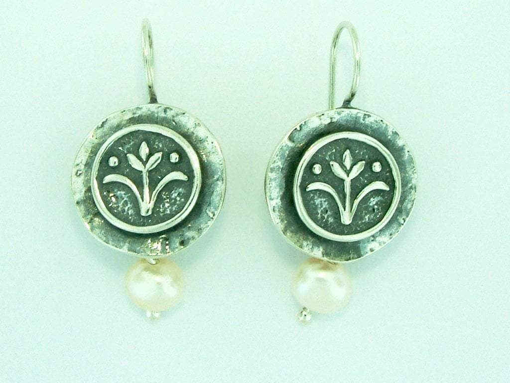 Sterling Silver Earrings Israeli earrings dangling Flower of Lys pearl earrings - Bluenoemi