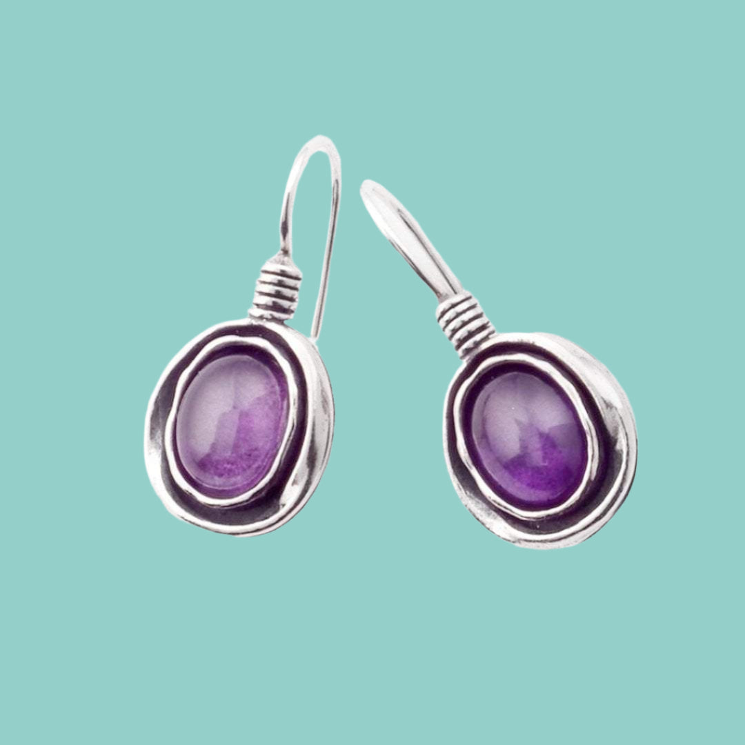 Sterling Silver Amethyst Earrings, Israeli typical silver jewelry - Bluenoemi