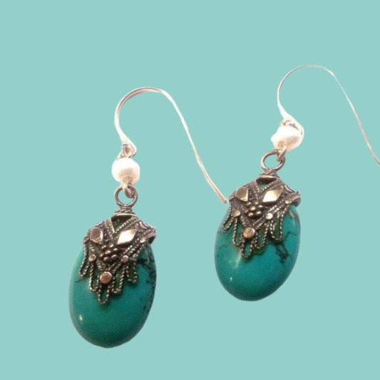 Silver earrings / earrings for woman / Silver Ethnic Earrings Hamssah Filigree Turquoise & Pearl - Bluenoemi