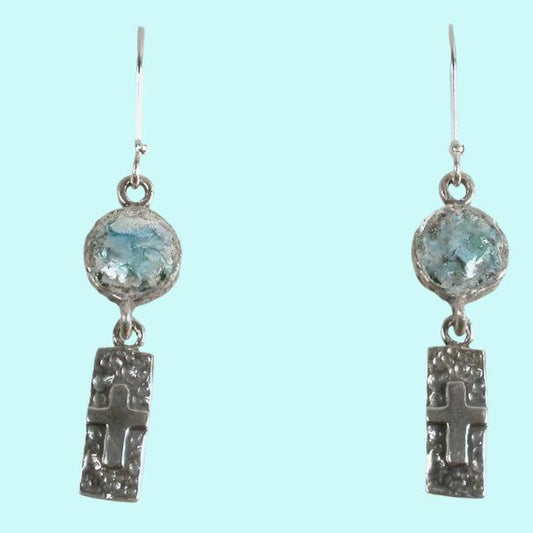 Sterling Silver cross earrings from the Holy Land with Roman Glass - Bluenoemi