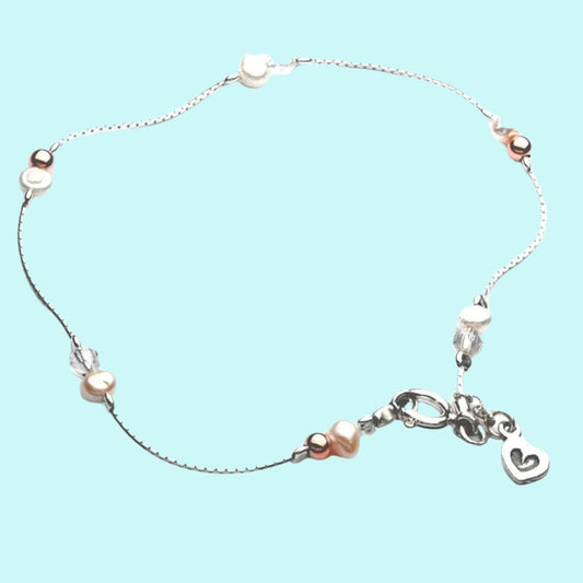 Sterling Silver Anklet with pearls and heart. Designer Jewelry. - Bluenoemi