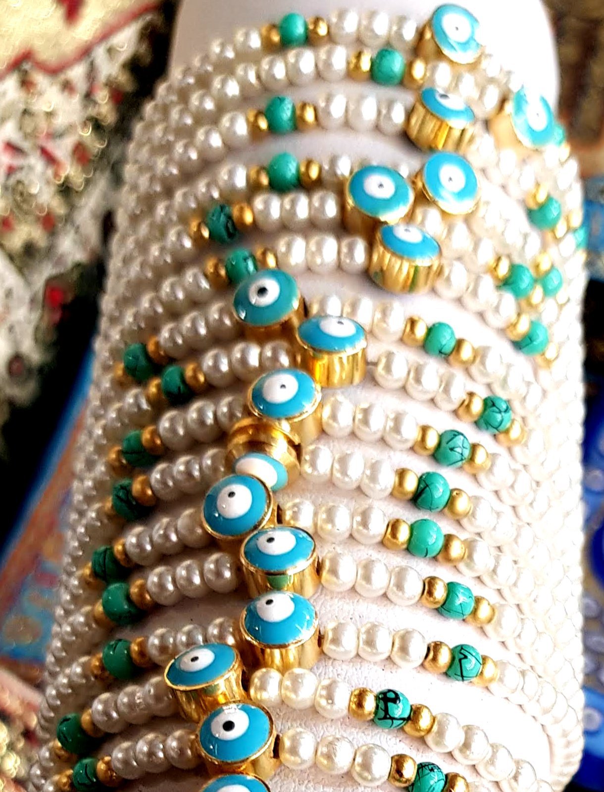 Bluenoemi Pearls and Turquoises Beads and Evil Eyes Bracelet Souvenir - Bluenoemi