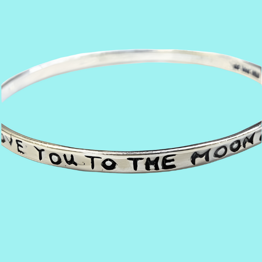 Silver bangle bracelet. Boho jewelry. "Love you to the Moon and Back" - Bluenoemi