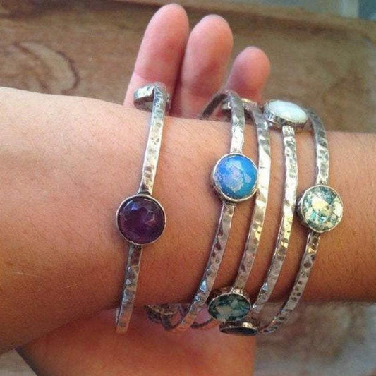 Sterling Silver Bangle Bracelet Gemstones or Roman Glass, Bracelets for Woman, Silver Bangles - Bluenoemi