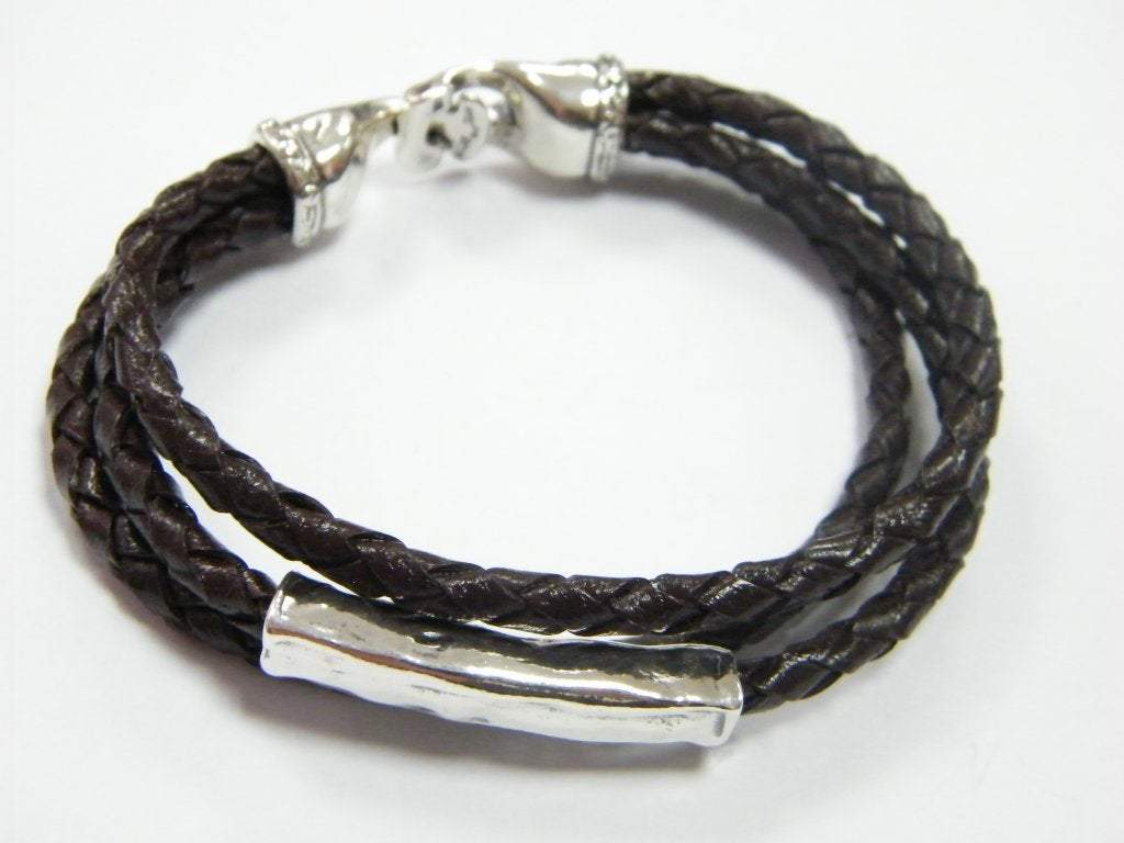 Sterling Silver on Leather Bracelet for man / Israeli bracelets / Boho jewelry. Father's day gift. - Bluenoemi