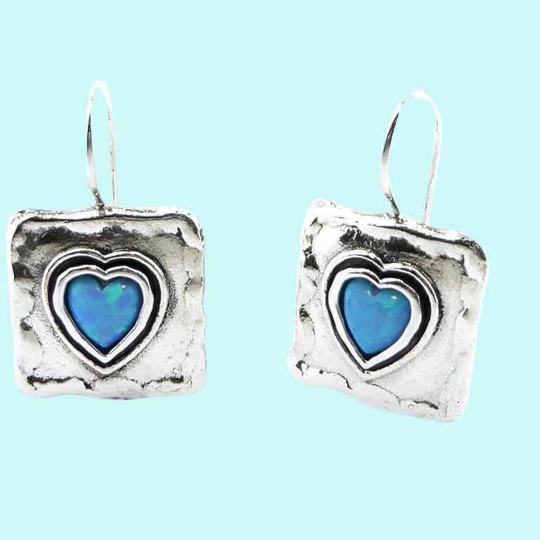 Charming dangling silver earrings for woman, blue opal heart earrings jewelry, israelische schmuck, joyas de moda, orecchini opalo argento - Bluenoemi