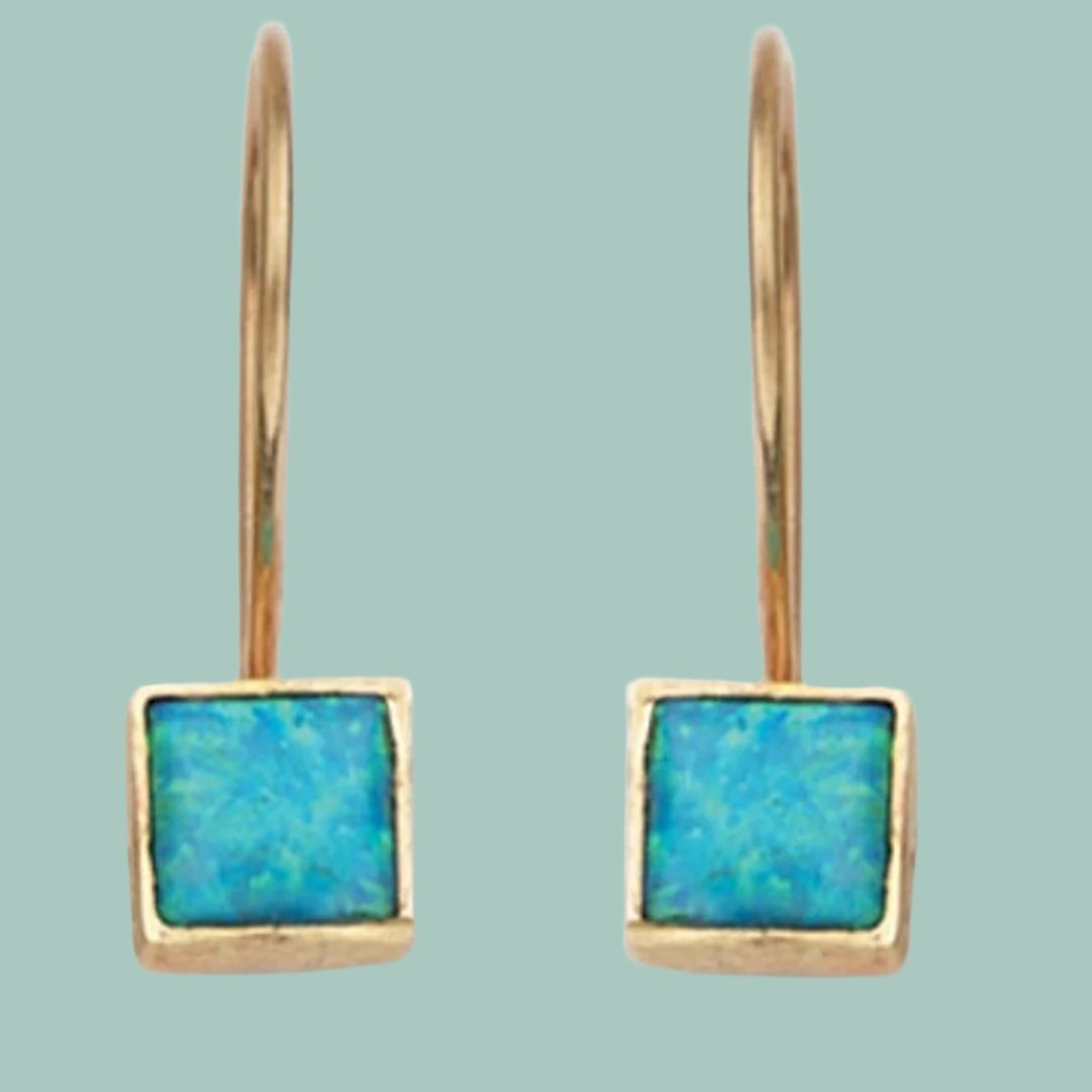 Bluenoemi Gold drop earrings Blue Opal dangle earrings 9K Gold - Bluenoemi