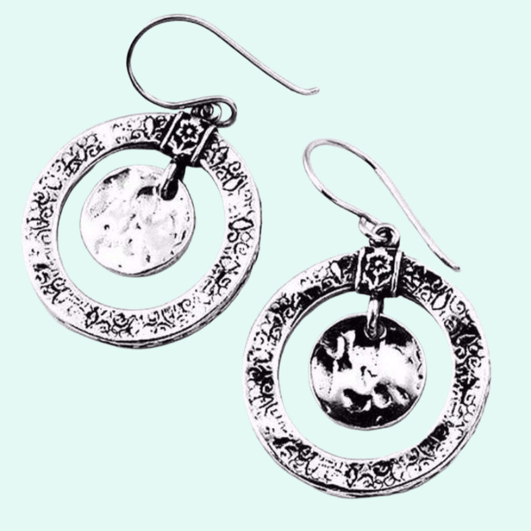 Earrings Sterling Silver 925 Texture Circles Pending Floral Pendant ribbon - Bluenoemi