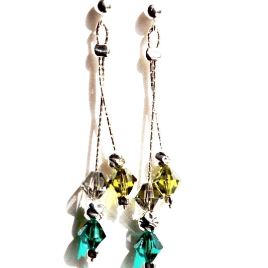 Silver earrings, Dangle Bridesmaid earrings, turquoise & light green crystals - Bluenoemi