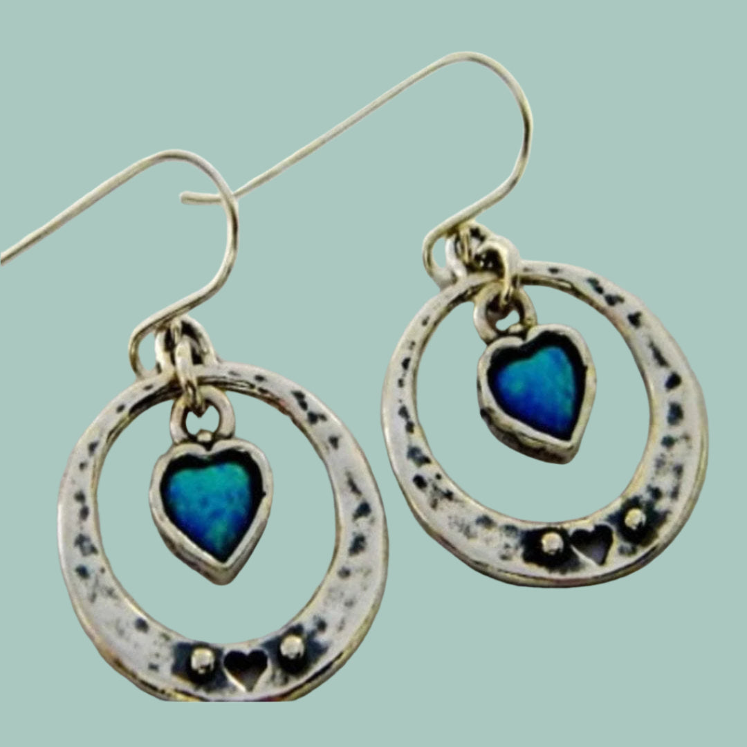 Sterling silver earrings, Blue opal earrings, heart earrings, earrings for women - Bluenoemi