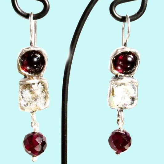 Sterling Silver Earrings, Roman Glass Earrings, dangling earrings , Israeli Jewelry, Garnet Earrings - Bluenoemi