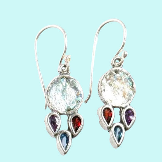 Roman Glass Earrings, Sterling Silver Earrings, cz zircons earrings - Bluenoemi