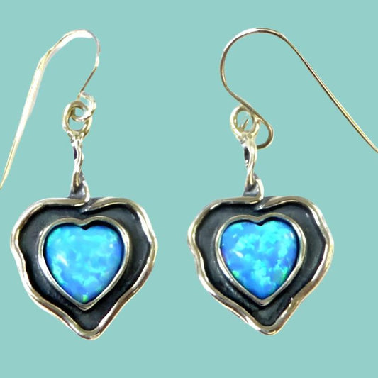 Sterling silver Heart earrings set with Blue opals Israeli designer jewelry gift for mom - Bluenoemi