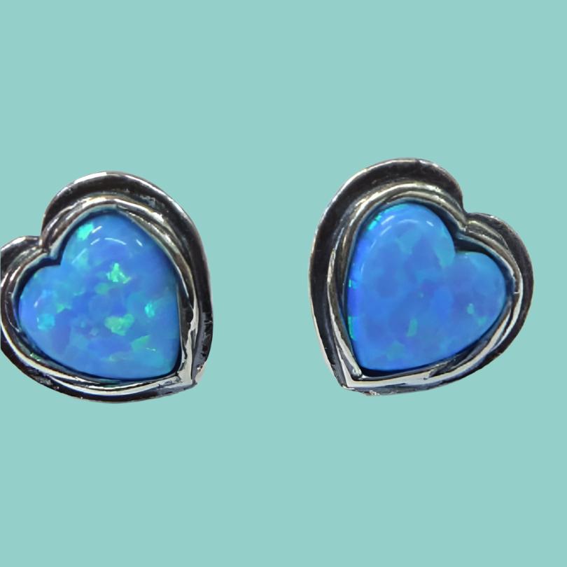 Stud Earrings Sterling silver Heart stud earrings set with Blue opals - Bluenoemi