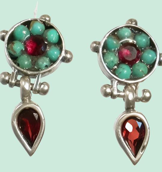 Sterling Silver Earrings, Garnets Turquoises, Stud Dangling Earrings - Bluenoemi