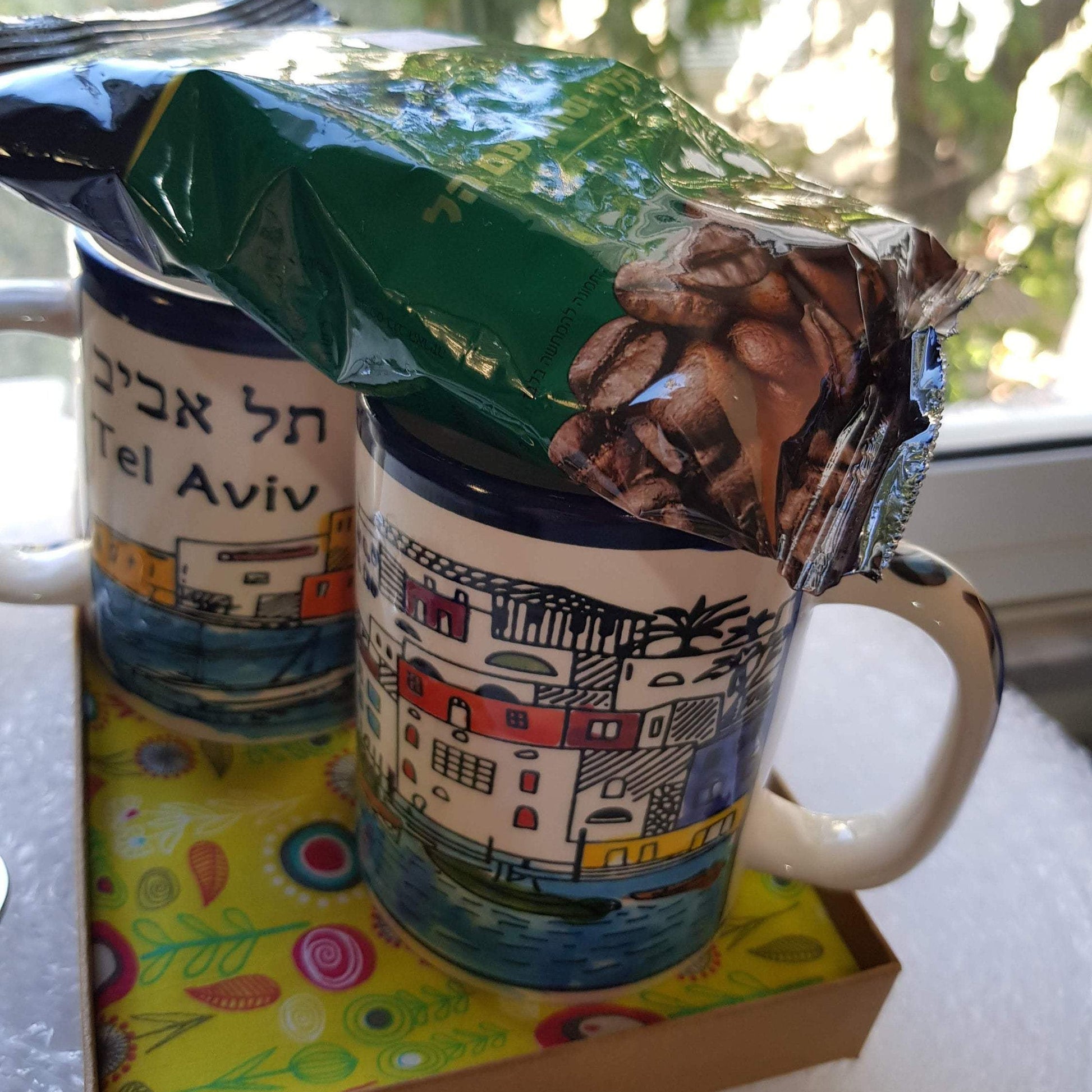 Gift Box for Him Gift Box for Her. 2 Mugs Tel Aviv and Jaffa, Ceramic Armenian Ceramic Mugs, Israel Turkish Coffee - Bluenoemi