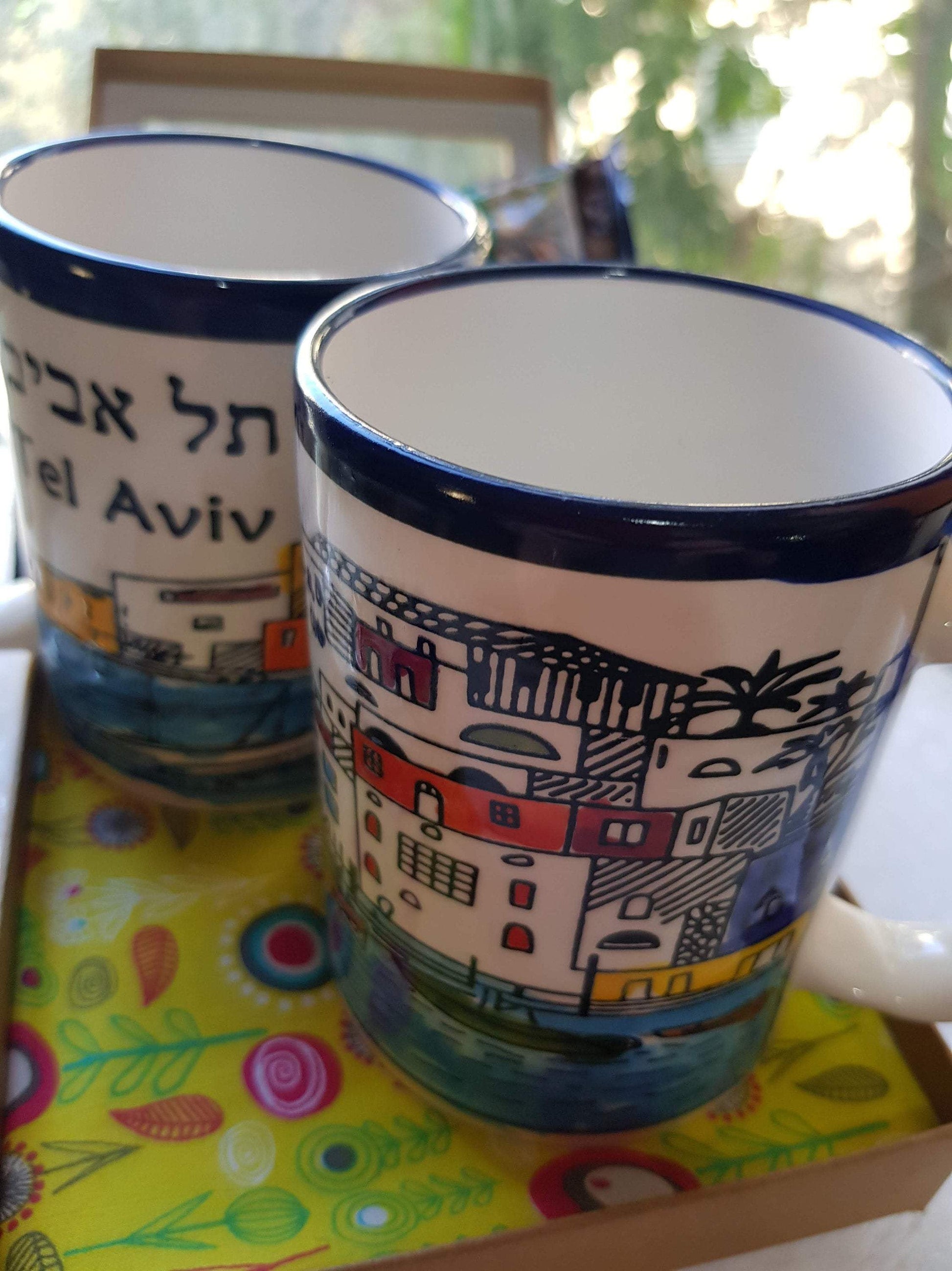 Gift Box for Him Gift Box for Her. 2 Mugs Tel Aviv and Jaffa, Ceramic Armenian Ceramic Mugs, Israel Turkish Coffee - Bluenoemi