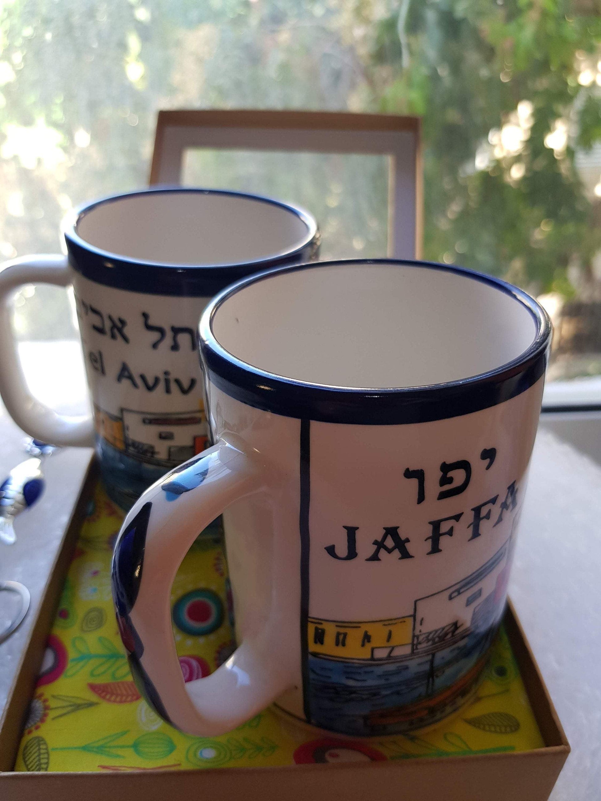 Gift Box for Him Gift Box for Her. 2 Mugs Tel Aviv and Jaffa, Ceramic Armenian Ceramic Mugs, Israel Turkish Coffee - Bluenoemi