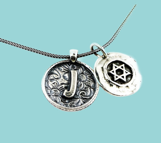 Stylish Sterling Silver Israeli necklace Star of David and an Initial double pendants sterling silver 925 Jewish Jewelry - Bluenoemi