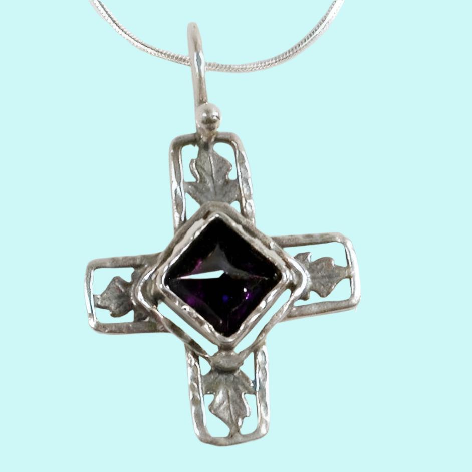 Sterling Silver Necklace, Cross Amethyst Necklace, Christmas Gifts for woman - Bluenoemi