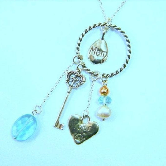 Sterling Silver Charms Necklace Pendants Heart Key Aquamarine Israeli necklace jewelry - Bluenoemi