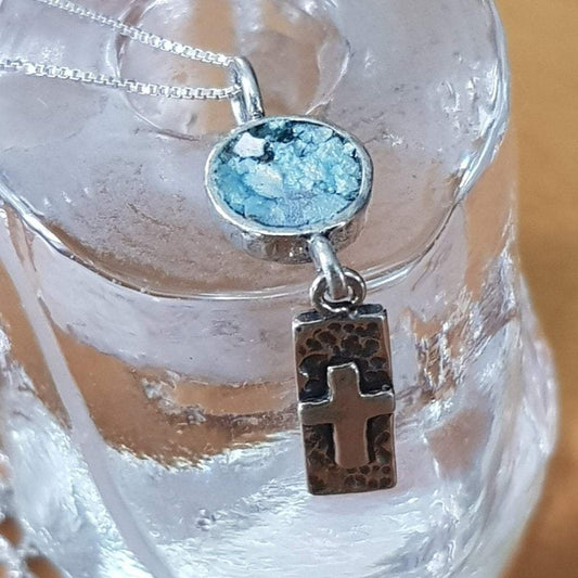 Bluenoemi Christian Cross pendant, Sterling Silver Hammered cross with Roman Glass - Bluenoemi