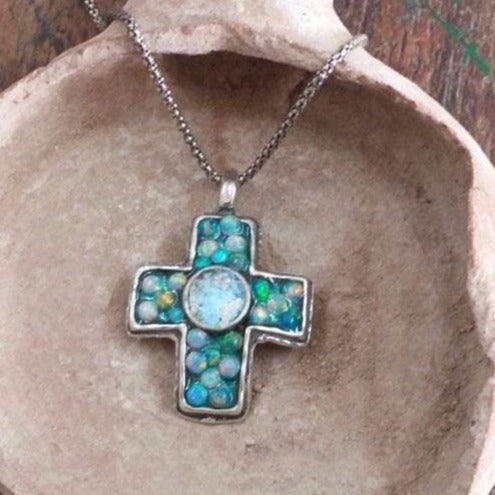 Holy Land Jewelry Sterling Silver cross roman glass opals beads "My Blue Sky Cross" - Bluenoemi