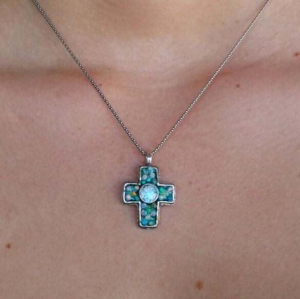 Holy Land Jewelry Sterling Silver cross roman glass opals beads "My Blue Sky Cross" - Bluenoemi