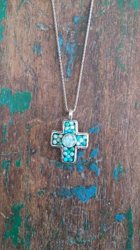 Holy Land Jewelry Sterling Silver cross roman glass opals beads "My Blue Sky Cross" - Bluenoemi