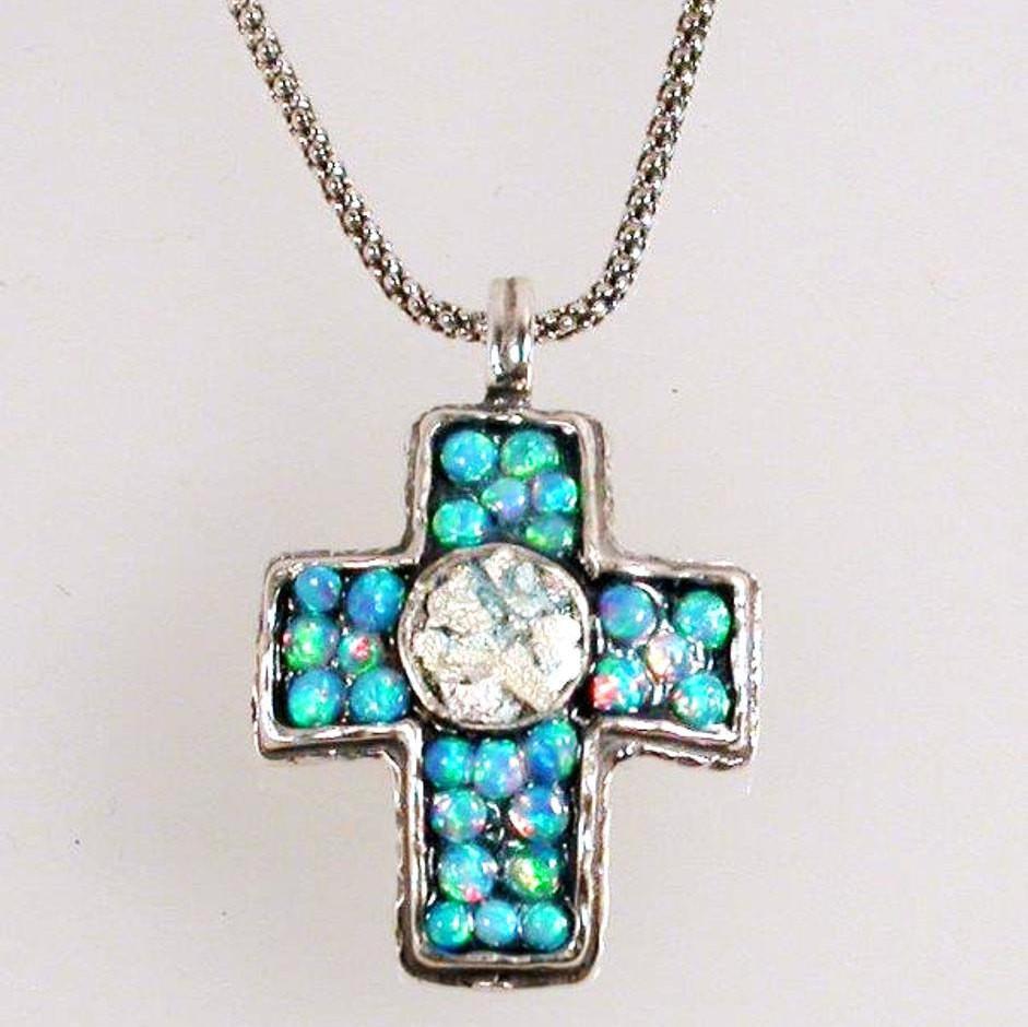 Holy Land Jewelry Sterling Silver cross roman glass opals beads "My Blue Sky Cross" - Bluenoemi