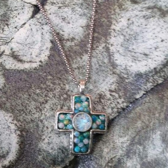 Holy Land Jewelry Sterling Silver cross roman glass opals beads "My Blue Sky Cross" - Bluenoemi