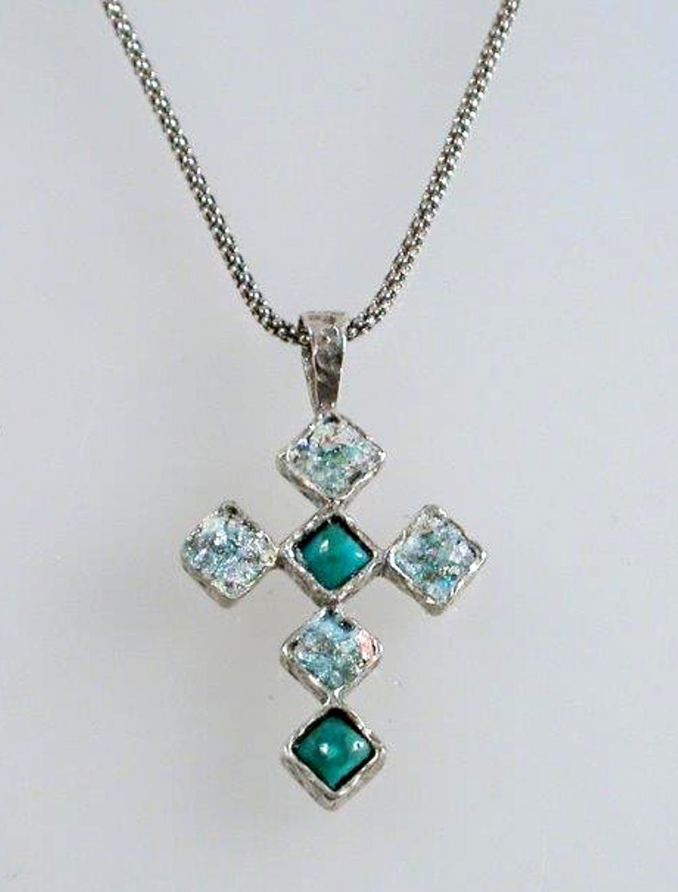 Sterling Silver cross from the Holy Land with roman glass set with turquoise beads - Bluenoemi