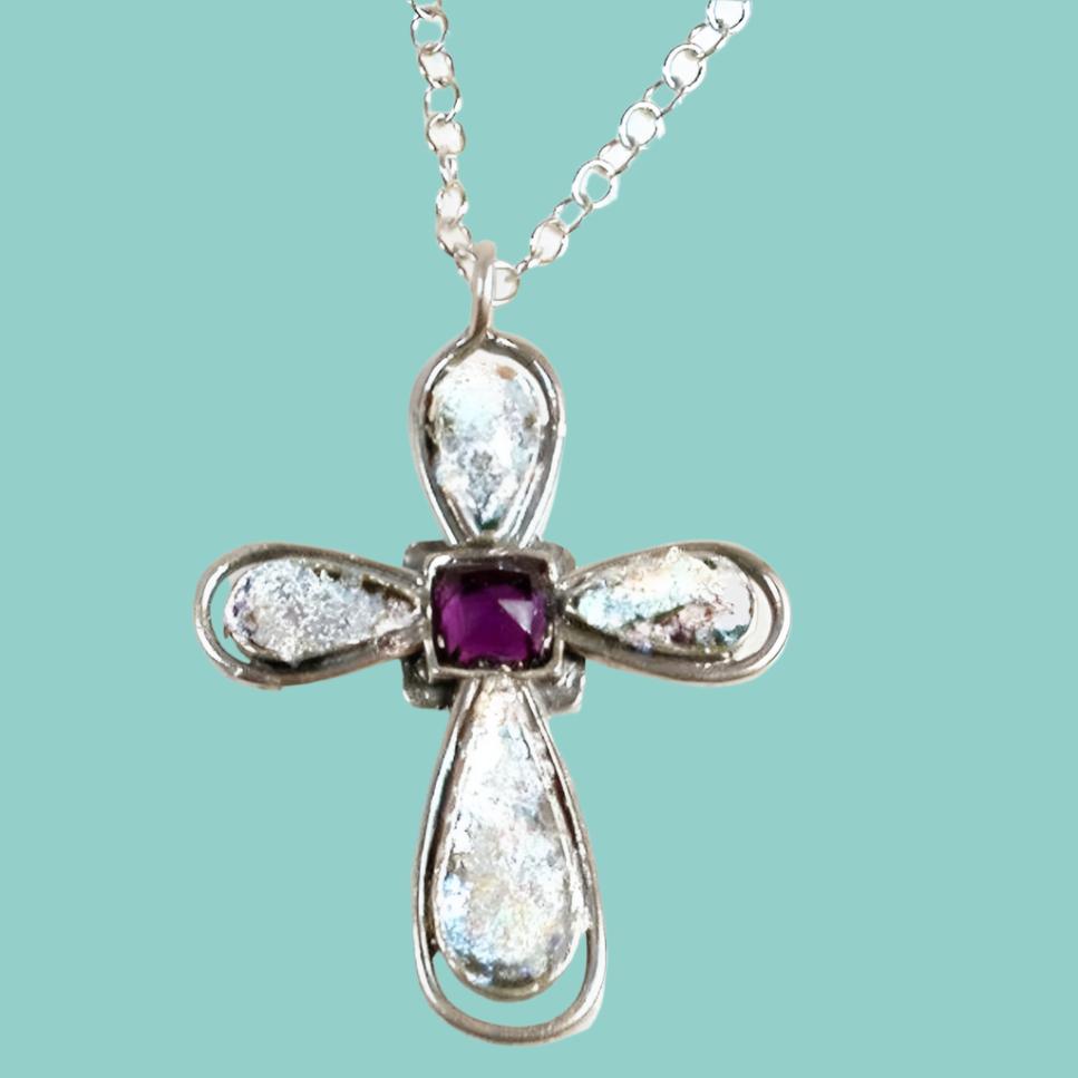 Sterling Silver cross Roman Glass Holy Land Jerusalem with cz amethyst zircon "My High Sky Cross" - Bluenoemi