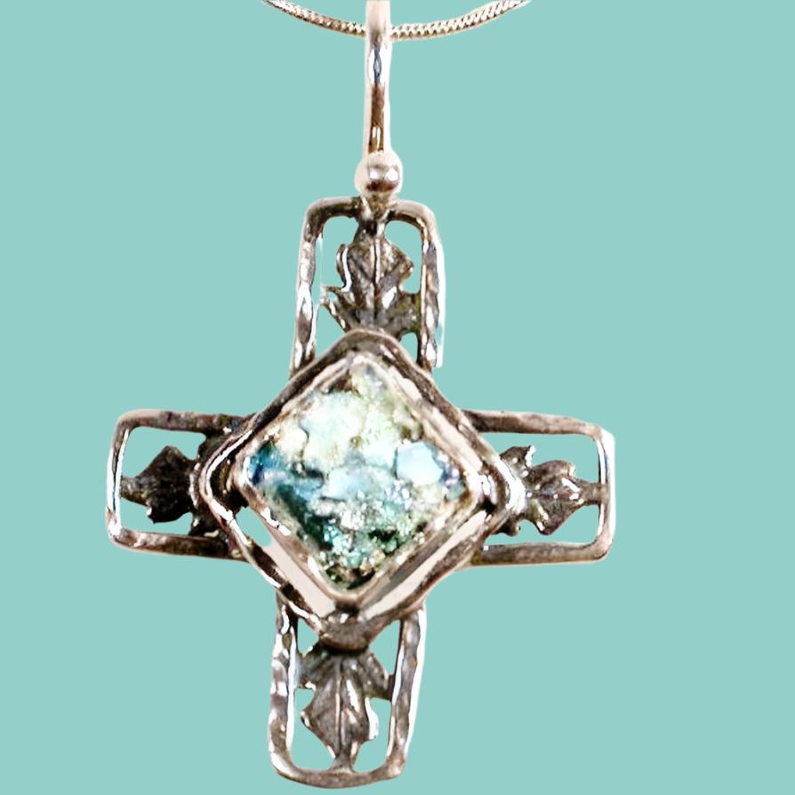 Sterling Silver Cross Roman Glass Necklace - Bluenoemi