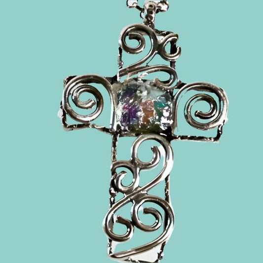 Sterling Silver cross with Roman Glass, "My Circle of Life Cross" Cross for woman - Bluenoemi