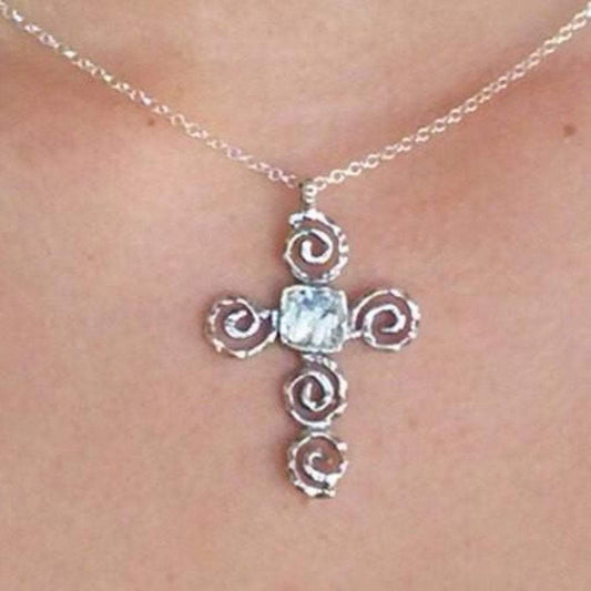 Sterling Silver cross with Roman Glass, "My Circle of Life Cross" , Silver Cross for woman - Bluenoemi