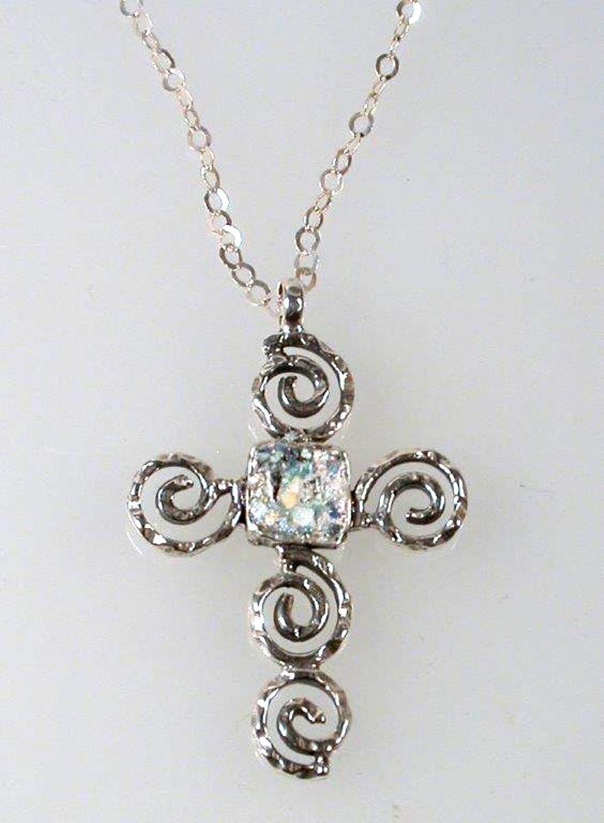 Sterling Silver cross with Roman Glass, "My Circle of Life Cross" , Silver Cross for woman - Bluenoemi