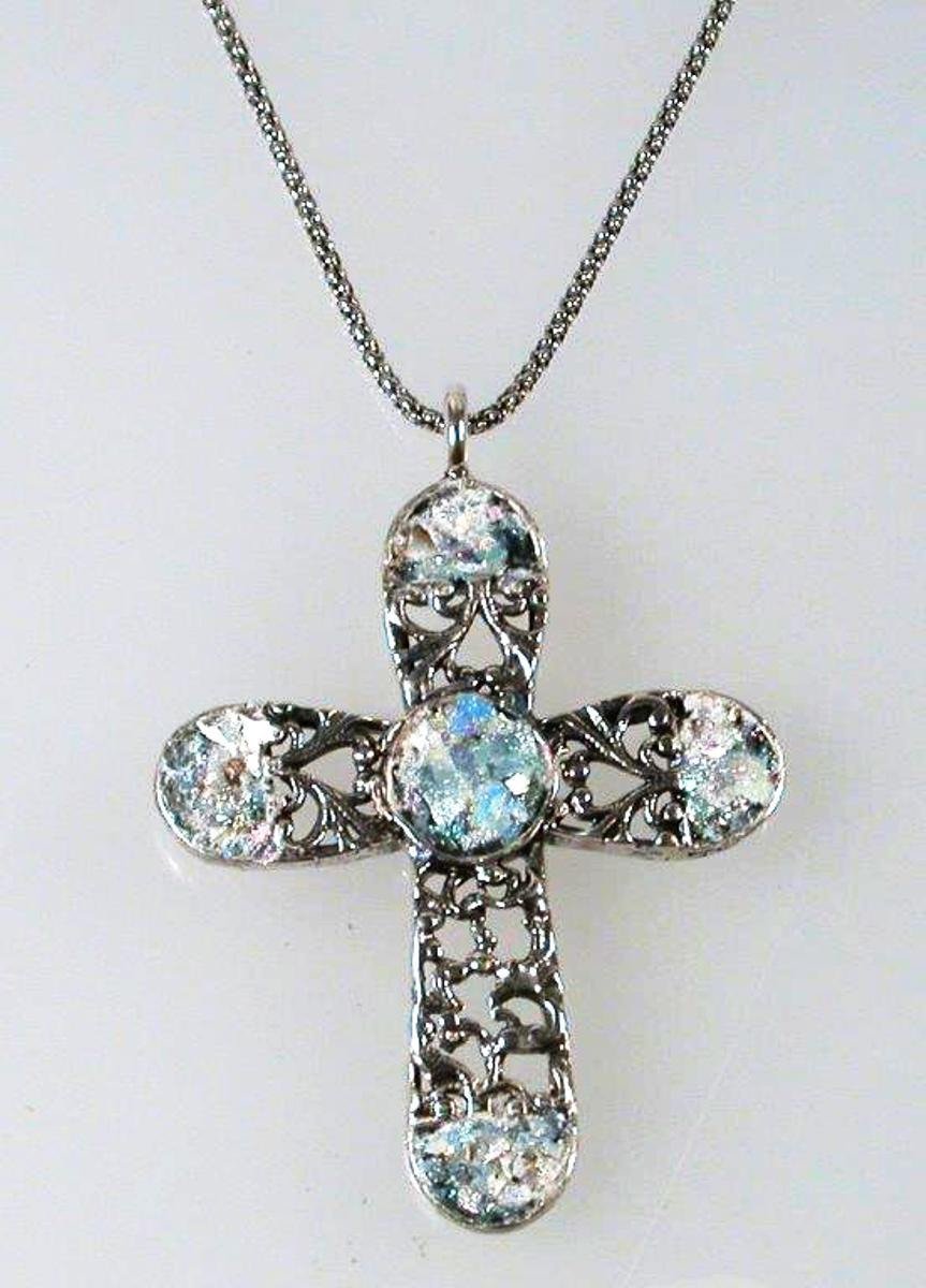 Sterling Silver cross with Roman Glass, Silver Cross for woman, cross from the holy land - Bluenoemi