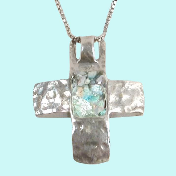 Cross pendant with Roman Glass. Holy Land Necklace for woman. "My One and Only Cross" - Bluenoemi