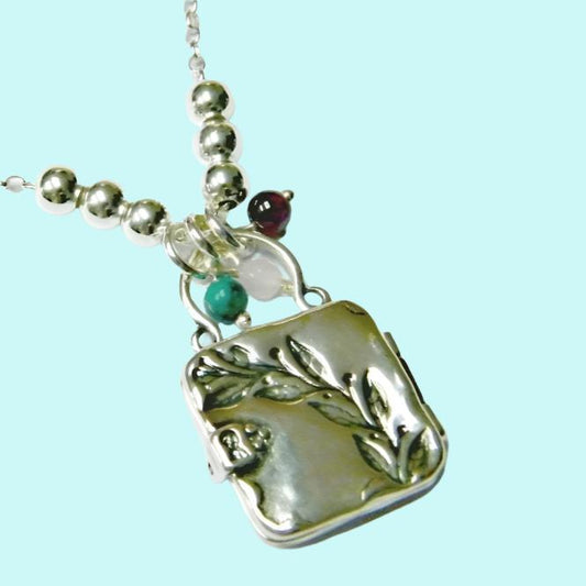 Sterling Silver necklace locket engraved with a beautiful branch with turquoise - Bluenoemi