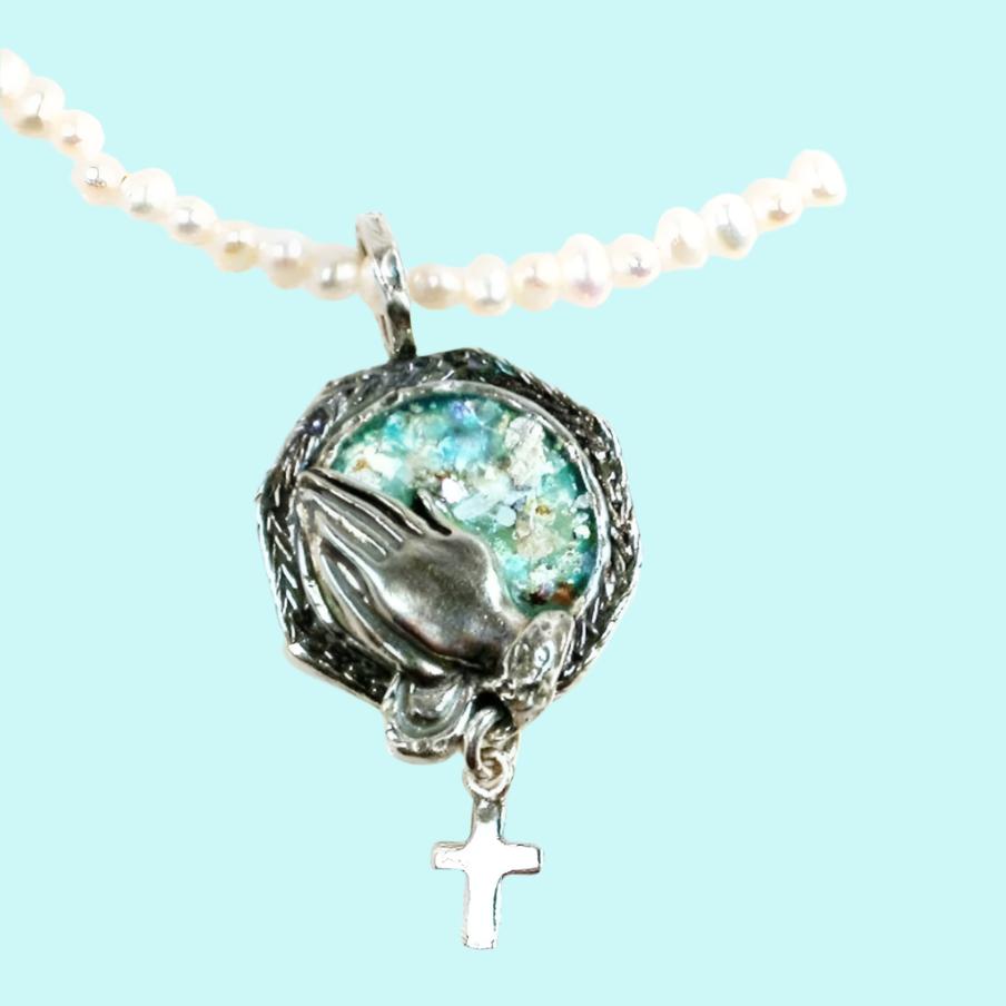 Christian Roman Glass Necklace, Sterling Silver Cross - Bluenoemi