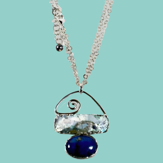 Sterling Silver Roman Glass Necklace with Lapis - Bluenoemi