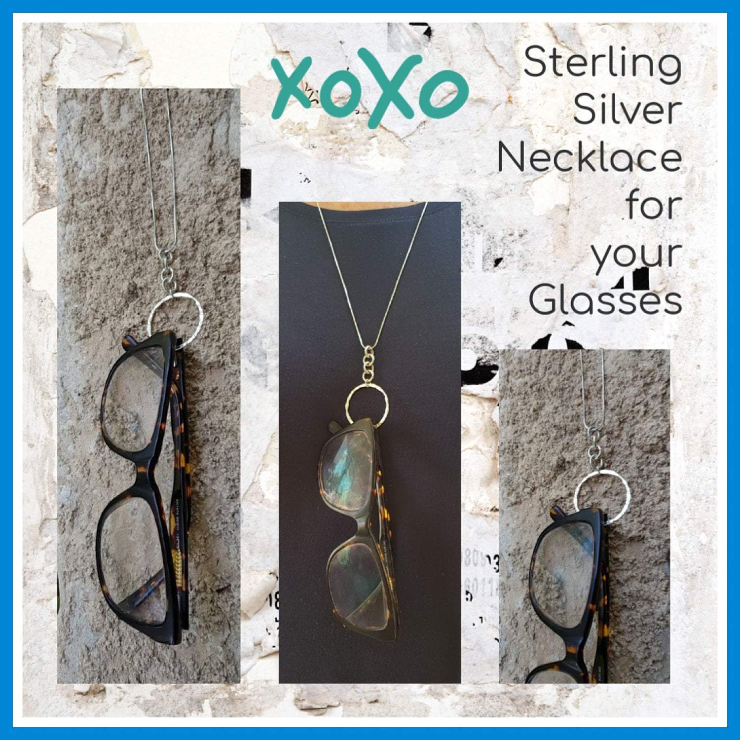 boho-chic designer sterling silver necklace for carrying your glasses. Unisex. Valentine gift - Bluenoemi