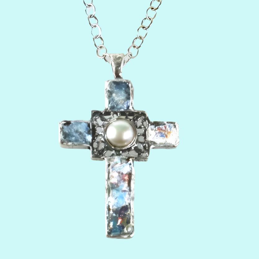 Cross pendant, Sterling Silver Hammered cross, Cross Roman Glass and Gemstones - Bluenoemi