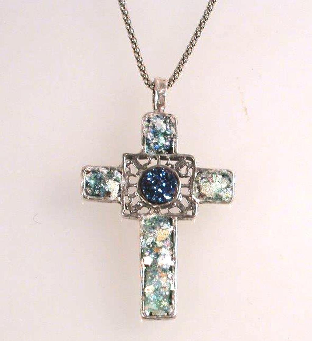 Cross pendant, Sterling Silver Hammered cross, Cross Roman Glass and Gemstones - Bluenoemi