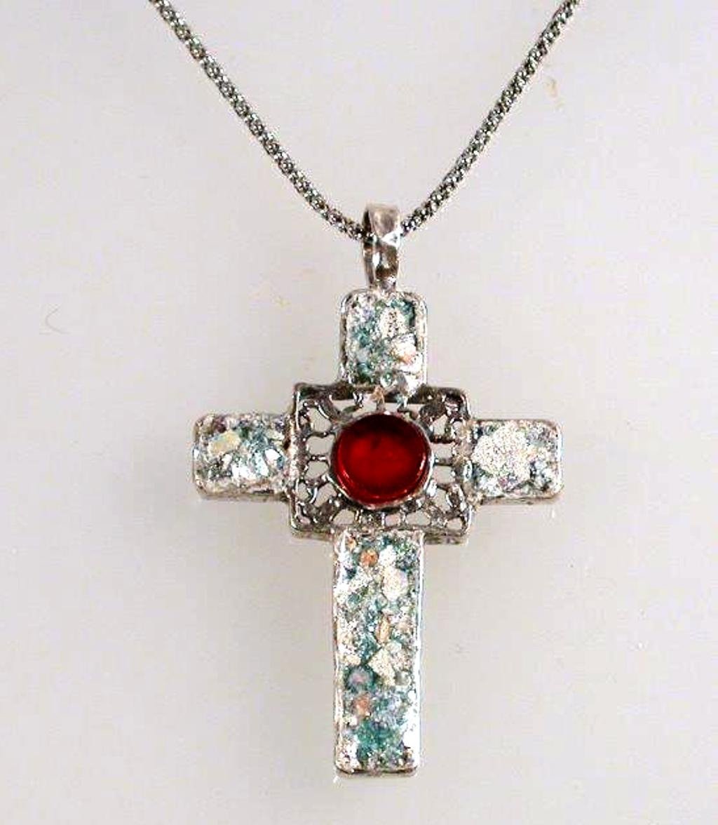 Cross pendant, Sterling Silver Hammered cross, Cross Roman Glass and Gemstones - Bluenoemi