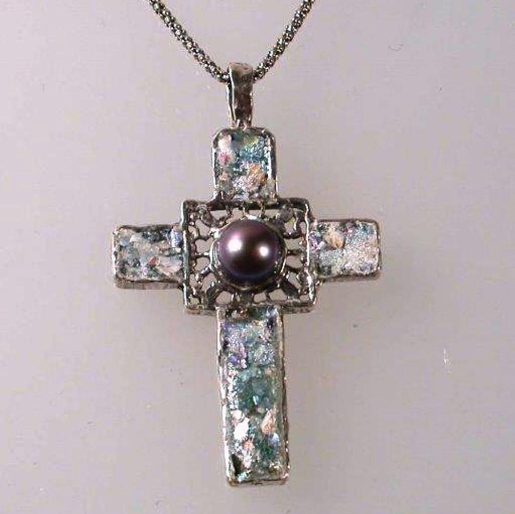 Cross pendant, Sterling Silver Hammered cross, Cross Roman Glass and Gemstones - Bluenoemi