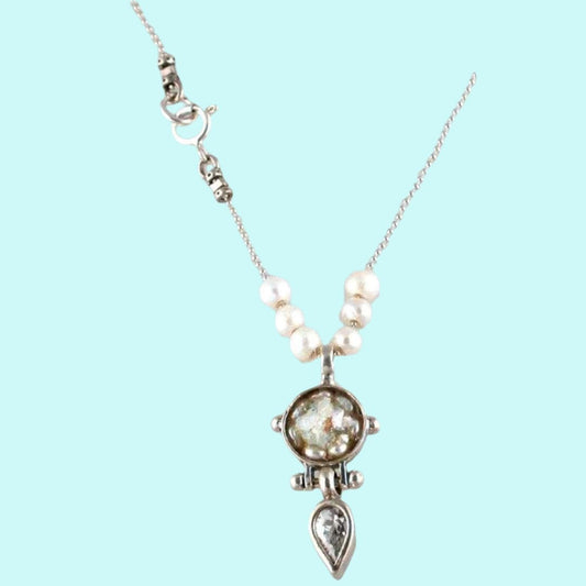 Necklace Sterling silver Sterling Silver Necklace Roman Glass, Pearls, CZ Crystal, Israeli Jewelry - Bluenoemi